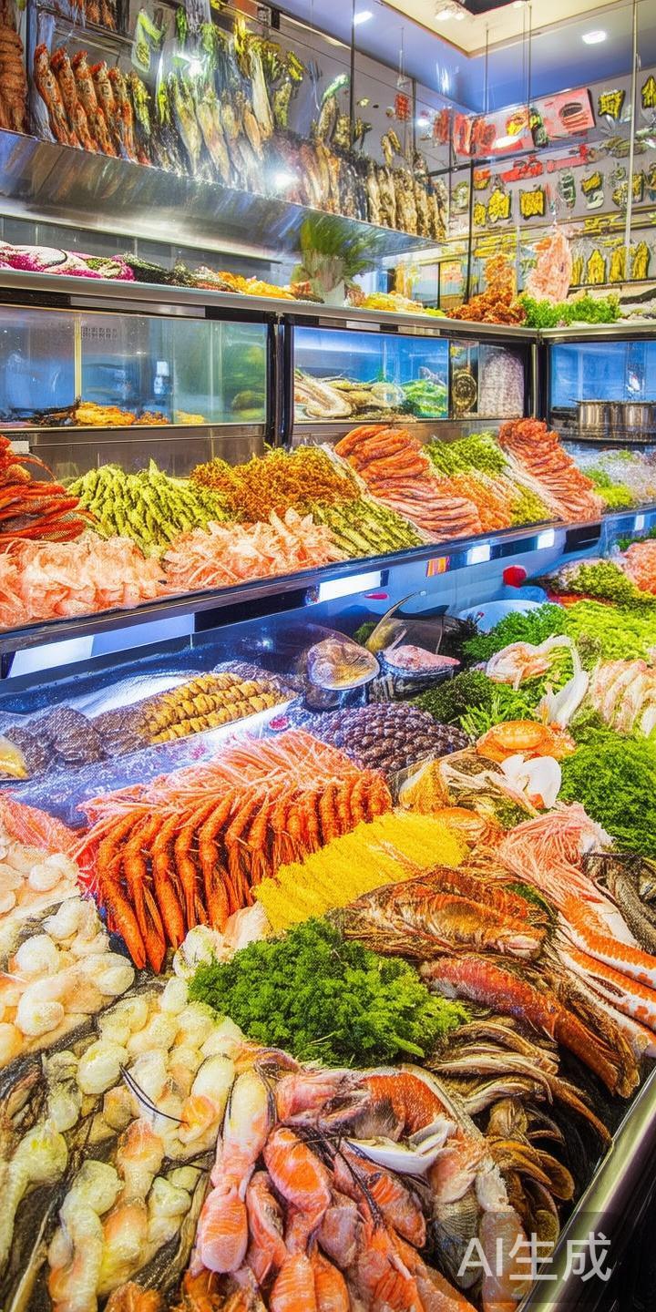 海鲜盛宴：餐厅的海鲜区域不断供应新鲜捕捞的海产品，